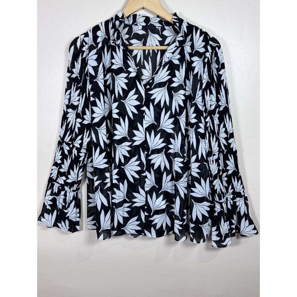 Ann Taylor Womens Blouse Pleated Sheer Bell Sleeve Career Office Floral S Satin